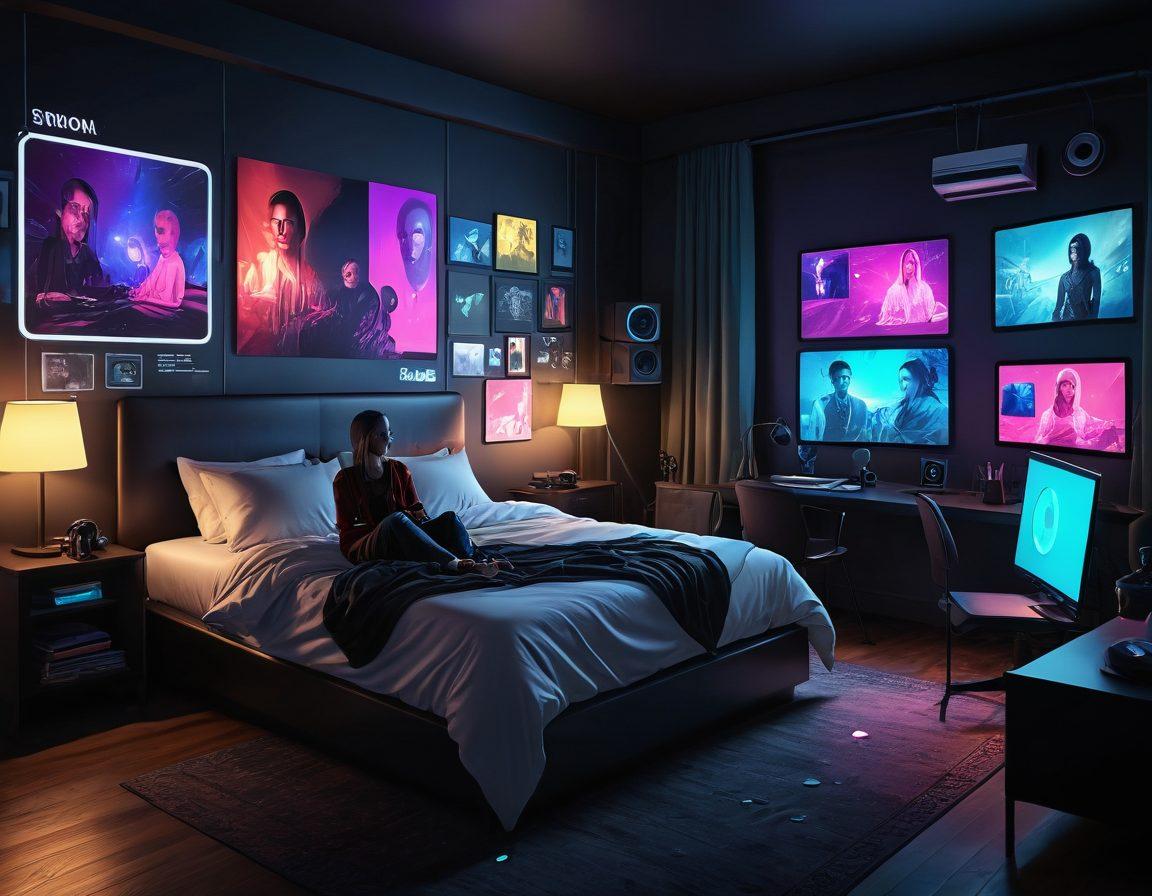 An intimate, dimly lit room with a sleek modern aesthetic, equipped with high-tech cameras and a large, stylish bed. A computer screen shows various live streaming thumbnails, some with chat bubbles. People of diverse genders and appearances are shown engaging comfortably with their audiences. digital painting. vibrant but moody colors. futuristic vibe.
