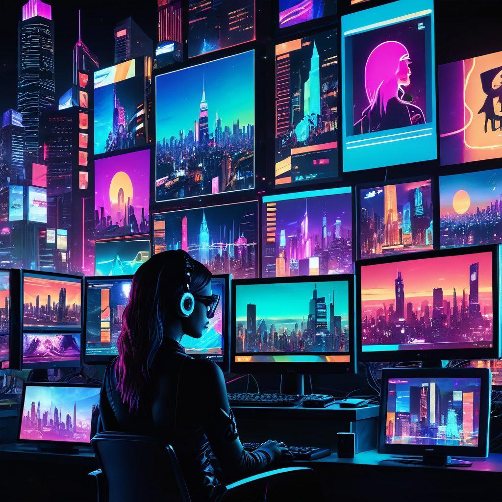 An abstract collage of a computer monitor with playful, colorful icons representing various adult entertainment sites and live cam shows, set against a background of a cityscape at night with neon lights. Include silhouettes of confident adults navigating with purpose. vibrant colors, cyberpunk.